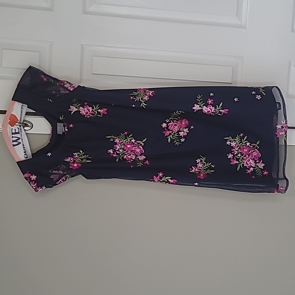 Rabbit Rabbit Rabbit Navy Dress with Pink Floral Embroidery